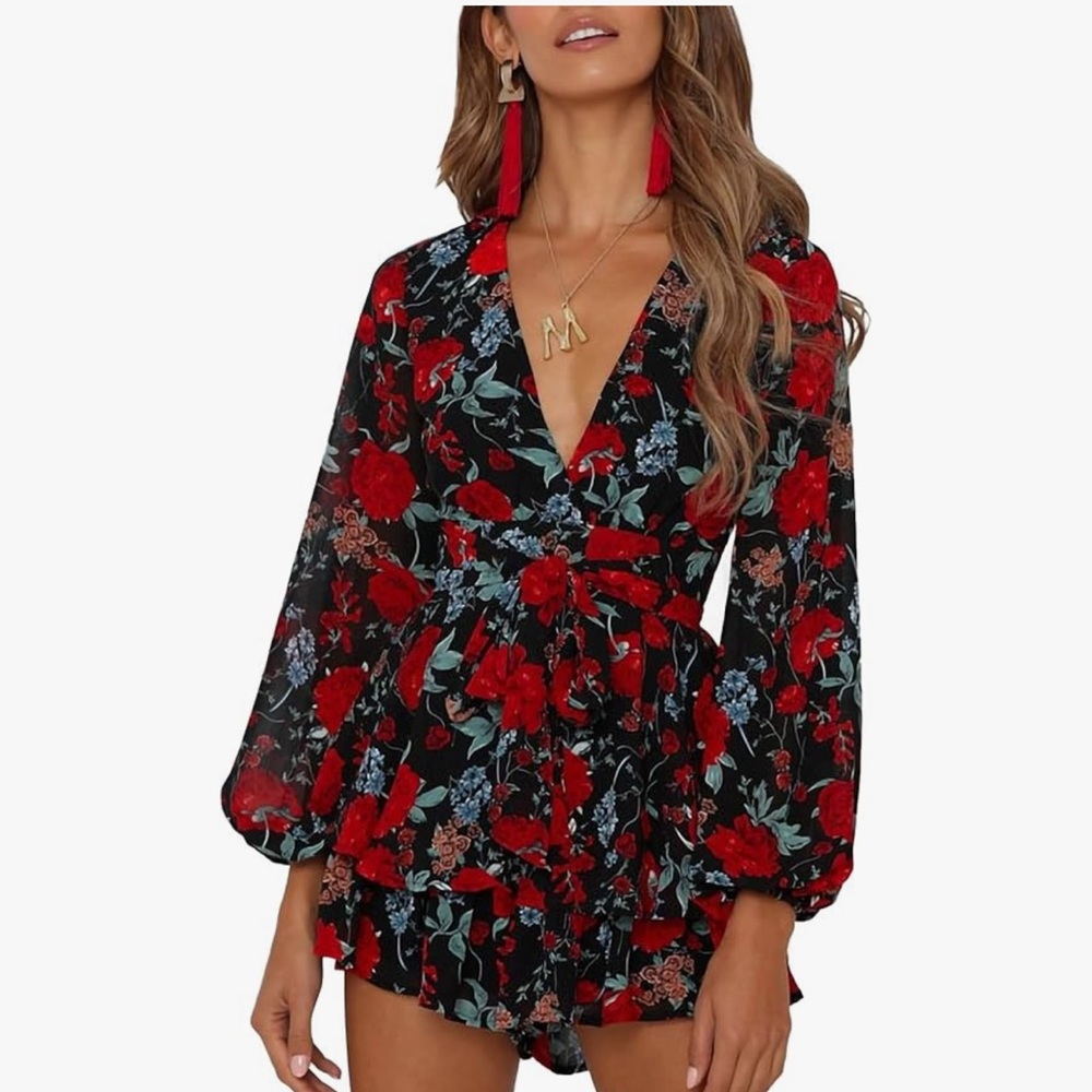 Floral Black and Red Women's Romper